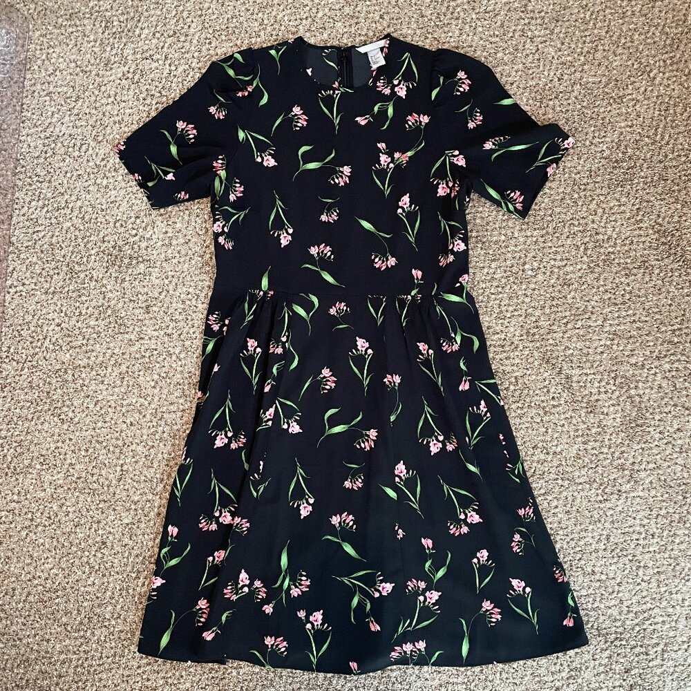 Size 14 H&M black and pink floral puff sleeve fit and flare dress - new w/o tags